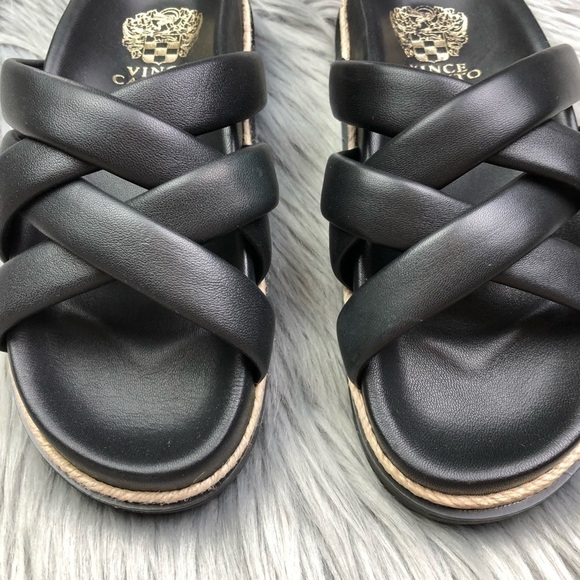 New Vince Camuto Chavelle Leather Criss Cross Platform Slide Sandals - Picture 3 of 9